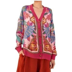 FARM Rio Pink and Blue Leaf Pattern Cardigan